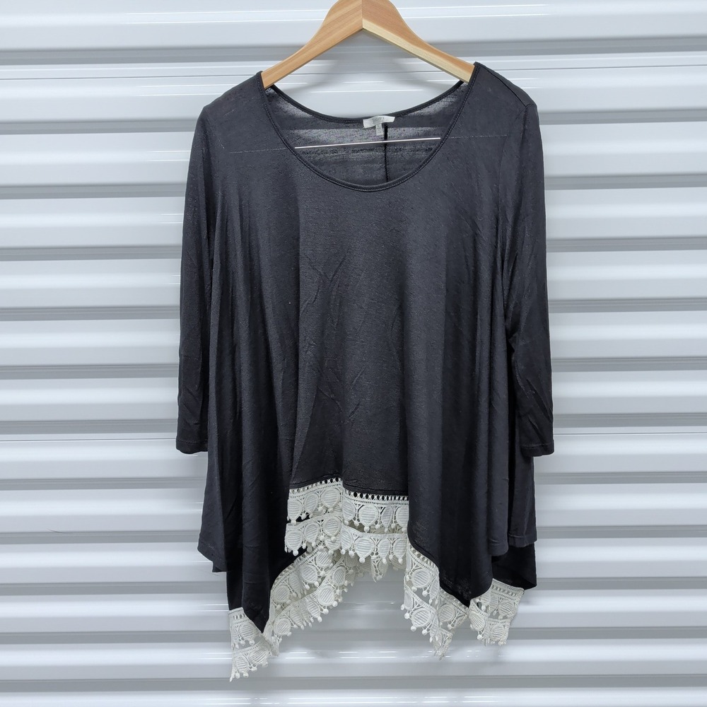 Jodifl Size S Women Black Boho Crochet Lace Trim Tunic Top 3/4 Sleeve JT1057-1 — photo 2